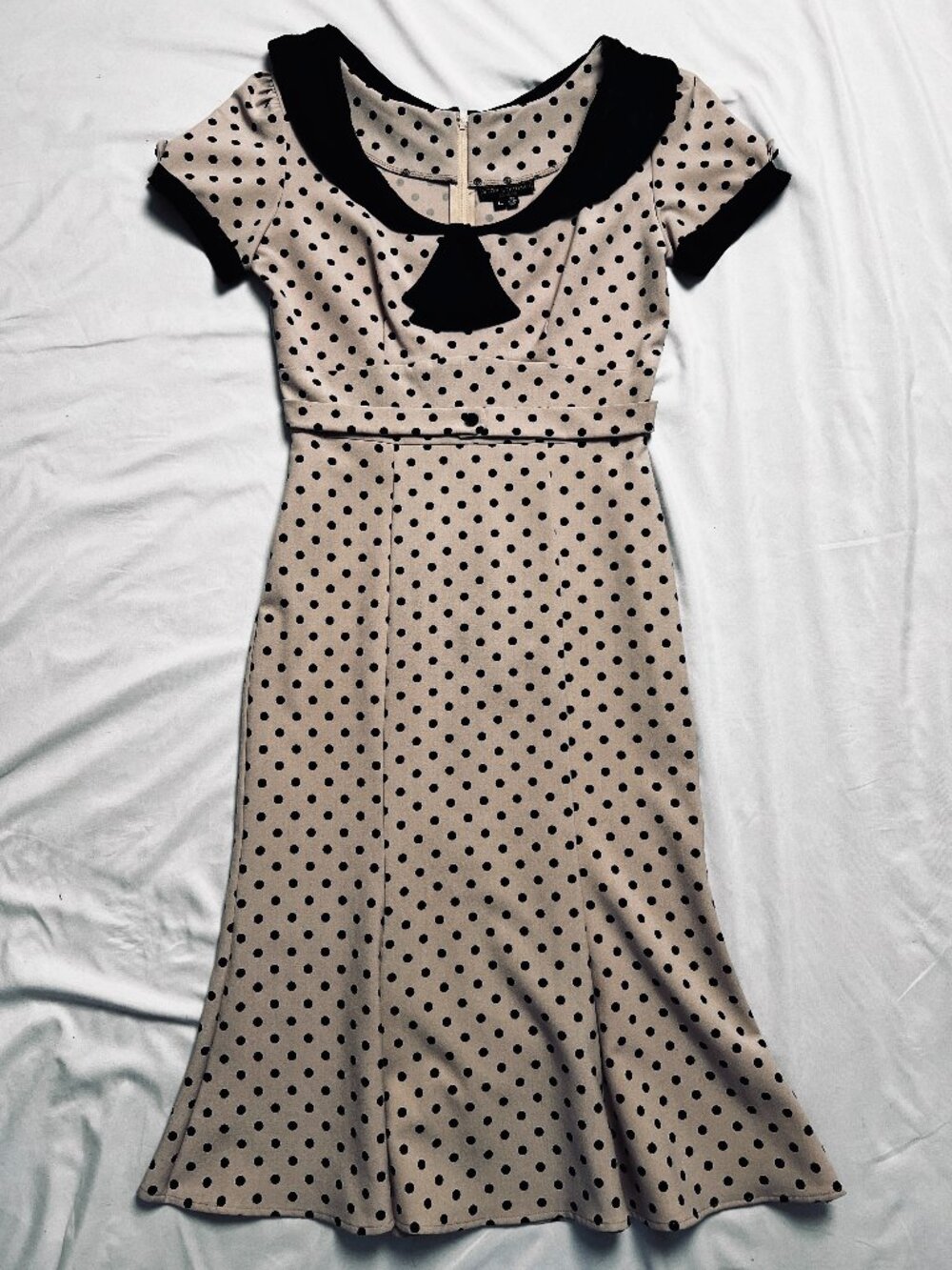 Stop Staring! Tan with Black Polka Dots Fitted Dress